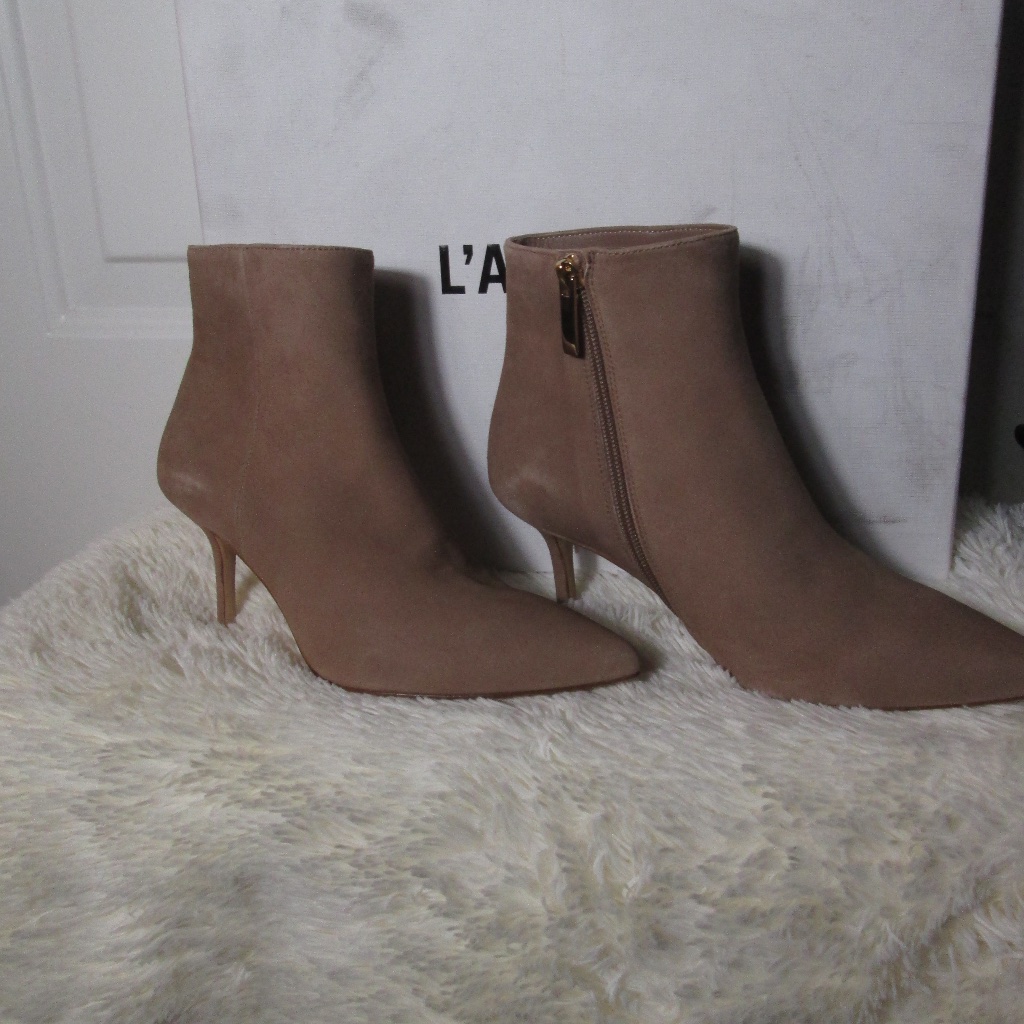 L’agence Aimee Brown Beige Suede Heeled Ankle Boots 7/37 Pointed Toe Nwt Tan